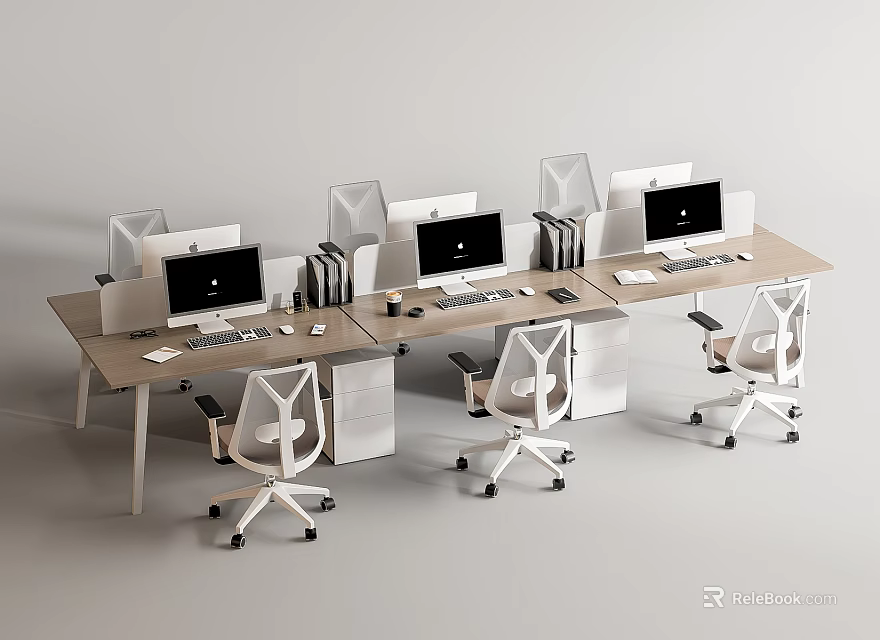 Modern Office Desk Setup With Multiple Workstations White Ergonomic Chairs And Computer Monitors 3d model 