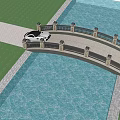 Scenic Landscape Bridge With Car Black Railing Stone Pillars Over Blue Water Area And Grass