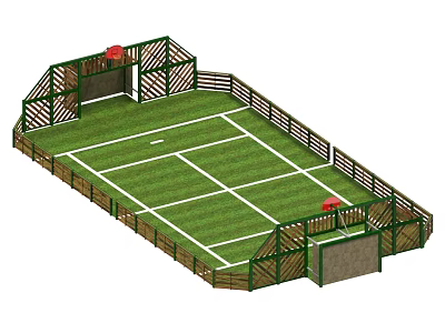 Outdoor Sports Fitness Court With Green Lawn White Lines Surrounding Fence Goalposts And Red Ball 3d model