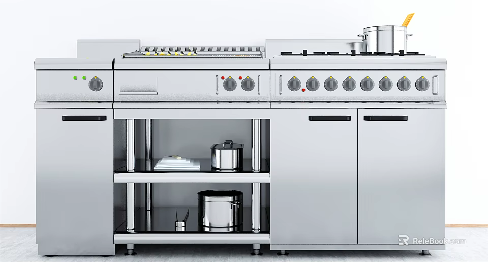 Stainless Steel Modern Kitchen Appliances With Stove Oven Open Shelves And Cooking Pots 3d model 