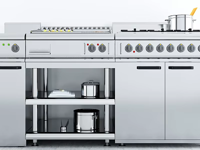 Stainless Steel Modern Kitchen Appliances With Stove Oven Open Shelves And Cooking Pots 3d model