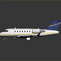 White Business Jet With Blue Tail Wings And Yellow Stripes Twin Engines On Gray Background