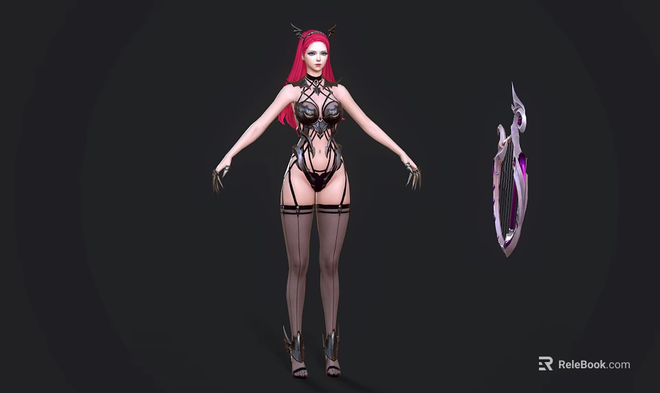 Red Haired Game Movie Character With Horns Black Tight Outfit And Weapon In Black Background 3d model 