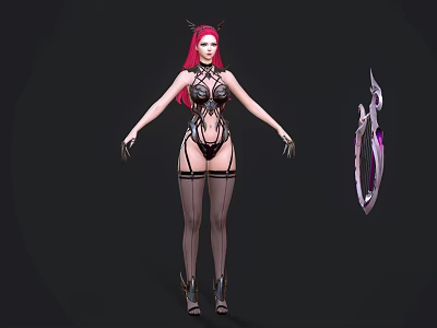 Red Haired Game Movie Character With Horns Black Tight Outfit And Weapon In Black Background 3d model