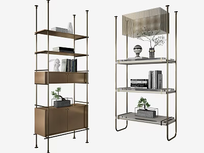 Modern Shelving Unit Featuring Multiple Shelves Books Decorative Items Vase Potted Plant And Metal Frame 3d model