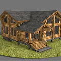 Rustic Log Cabin Exterior With Gabled Roof Wooden Stairs And Stone Foundation