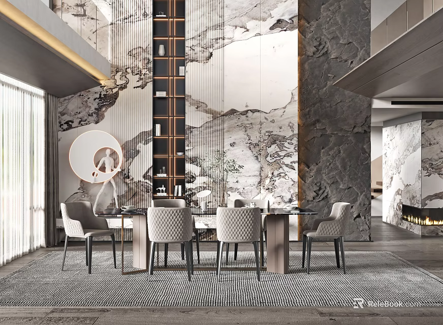 Elegant Modern Restaurant Interior With Decorative Marble Wall Dining Table And Chairs 3d model