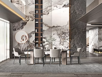 Elegant Modern Restaurant Interior With Decorative Marble Wall Dining Table And Chairs 3d model