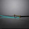 Katana With Blue Glowing Blade Yellow Black Handle On Gray Background Reflection