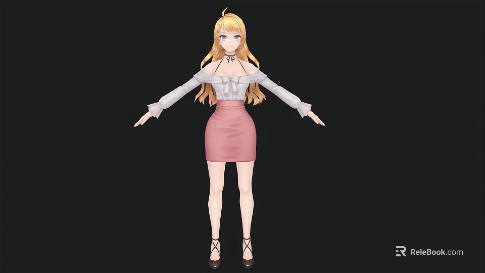 Anime Style Woman With Long Blonde Hair In White Blouse And Pink Skirt 3d model 