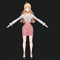 Anime Style Woman With Long Blonde Hair In White Blouse And Pink Skirt