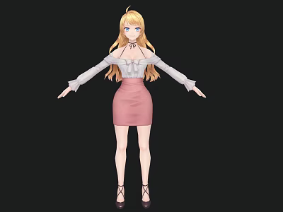 Anime Style Woman With Long Blonde Hair In White Blouse And Pink Skirt 3d model