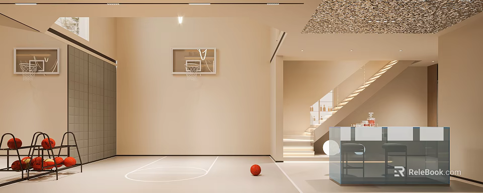 Modern Indoor Game Room Interior With Basketball Hoop And Court 3d model 