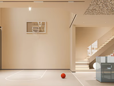 Modern Indoor Game Room Interior With Basketball Hoop And Court 3d model