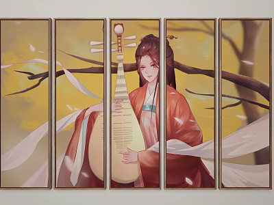 Traditional Chinese Figure Painting Of Woman Playing Pipa With Yellow Background And Tree Branches 3d model