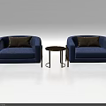 Two Blue Casual Sofa Set With Brown Cushions And Round Side Table 3d model