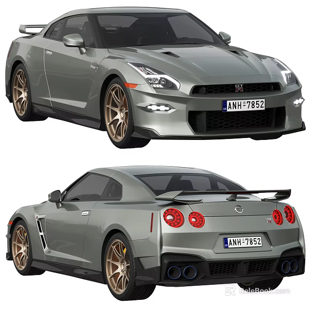 Silver Nissan GT R Sports Car With Gold Wheels 3d model 