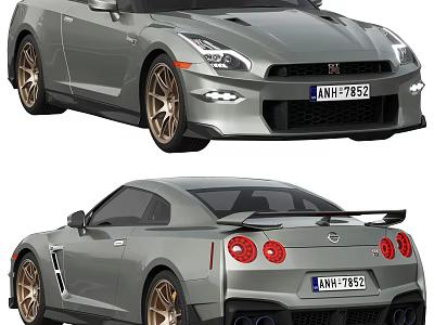 Silver Nissan GT R Sports Car With Gold Wheels 3d model