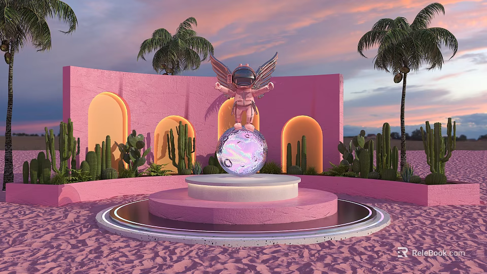 Floral Installation Pink Building Arched Windows Cacti Palm Trees Sunset Sky Winged Statue Sphere Pedestal 3d model 