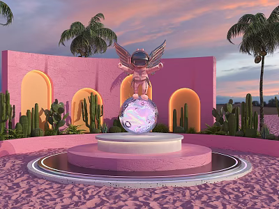 Floral Installation Pink Building Arched Windows Cacti Palm Trees Sunset Sky Winged Statue Sphere Pedestal 3d model