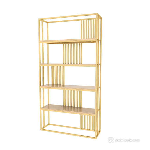 Golden Modern Shelving Unit With Multiple Open Tiers And Vertical Slats Design 3d model 