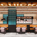 Elegant Modern Open concept Restaurant Interior Featuring Orange Blue Tones Marble Cabinets And Pendant Lights