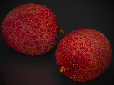 Two Fresh Red Lychee Fruits With Textured Skin On Dark Background 3d model