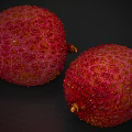 Two Fresh Red Lychee Fruits With Textured Skin On Dark Background