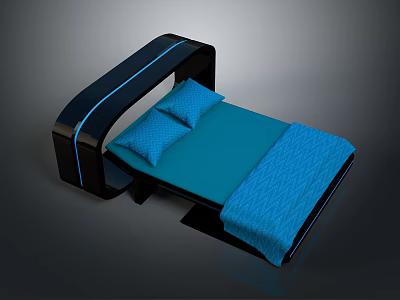 Modern Bed Design With Black Headboard Blue Lines Blue Mattress And Pillows 3d model