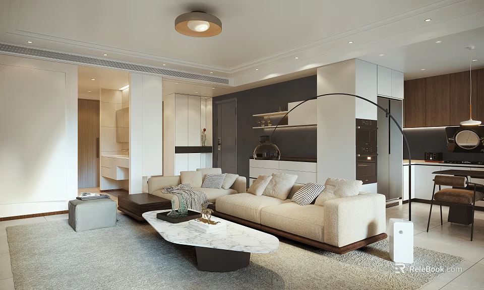 Modern Living and Dining Room Interior With Beige Sofa And Marble Coffee Table 3d model 