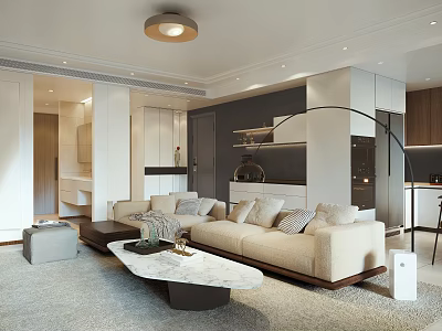 Modern Living and Dining Room Interior With Beige Sofa And Marble Coffee Table 3d model