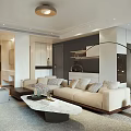 Modern Living and Dining Room Interior With Beige Sofa And Marble Coffee Table