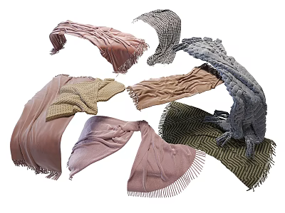Assorted Soft Scarves In Various Colors With Fringed Edges And Striped Patterns 3d model