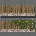 Garden Wall with Bamboo Fence Stone Base Green Vines White Flowers on Blue Tiled Wall