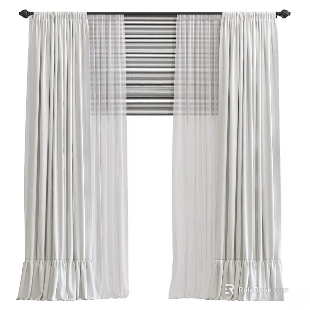 Elegant White Curtain With Sheer Panels And Blinds For Window Decor 3d model 