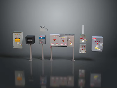 Stand Mounted Industrial Electrical Control Boxes With Distribution Panels Buttons And Labels 3d model