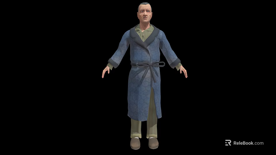 A Man Wearing Blue Robe With Belt Light Colored Pants And Shoes On Black Background 3d model 