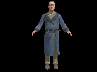 A Man Wearing Blue Robe With Belt Light Colored Pants And Shoes On Black Background 3d model