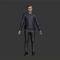 Man In Dark Blue Sweater Dark Pants And Black Shoes Standing On Gray Background