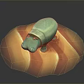 Small Green Hippo Shaped Figurine Placed On Orange Striped Round Base