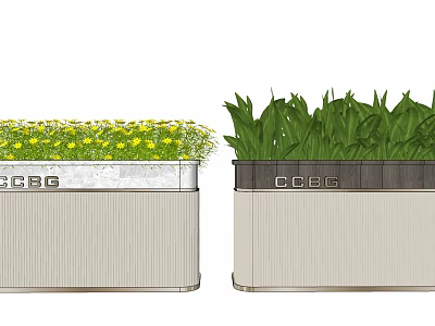 Modern Flower Planters With Yellow Flowers Green Plants And Striped Design 3d model