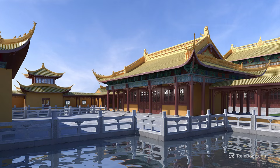 Ancient Chinese Architectural Structure With Golden Yellow Roof And Upturned Eaves In Water Pond Courtyard 3d model 
