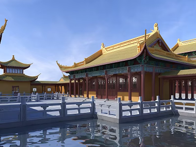 Ancient Chinese Architectural Structure With Golden Yellow Roof And Upturned Eaves In Water Pond Courtyard 3d model