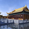 Ancient Chinese Architectural Structure With Golden Yellow Roof And Upturned Eaves In Water Pond Courtyard