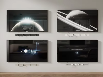 Wall Mounted TVs Showing Stunning Moon And Planet Images In Modern Interior 3d model