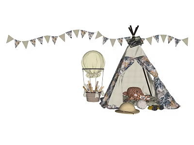 Cozy Tepee Tent With Bunting Flags Hot Air Balloon Model Plush Hedgehog Hat And Shoes 3d model