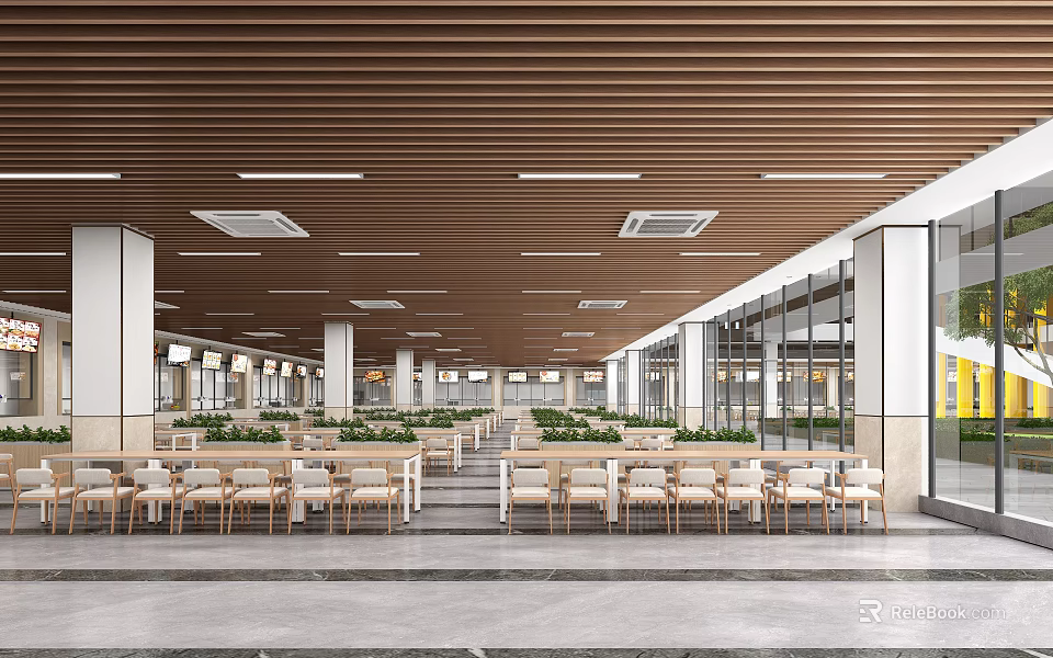 Modern Cafeteria Interior With Neat Tables Chairs And Wooden Ceiling 3d model