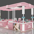 Pink Mall Counter with Beauty Products Display Tables and White Chairs