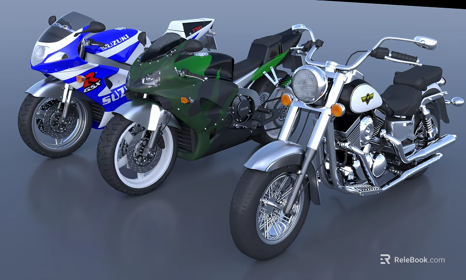 Three Different Motorcycles in Blue White Green and Silver with Classic and Sporty Designs 3d model 