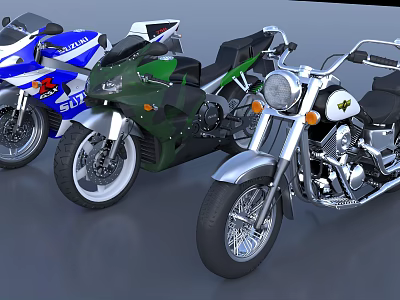 Three Different Motorcycles in Blue White Green and Silver with Classic and Sporty Designs 3d model